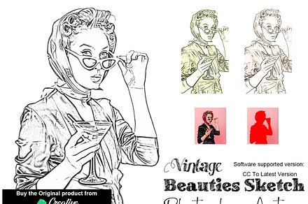 Vintage Beauties Sketch Ps Action, an Action Add-On by Studio Retouch