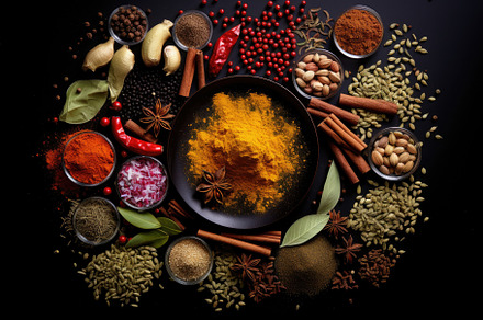 Spices and herbs on black background, a Photo by Iftikhar Alam