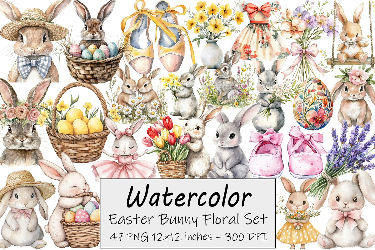 Easter Bunny Floral Clipart, an Illustration by Design Market (Photo 1 of 4)