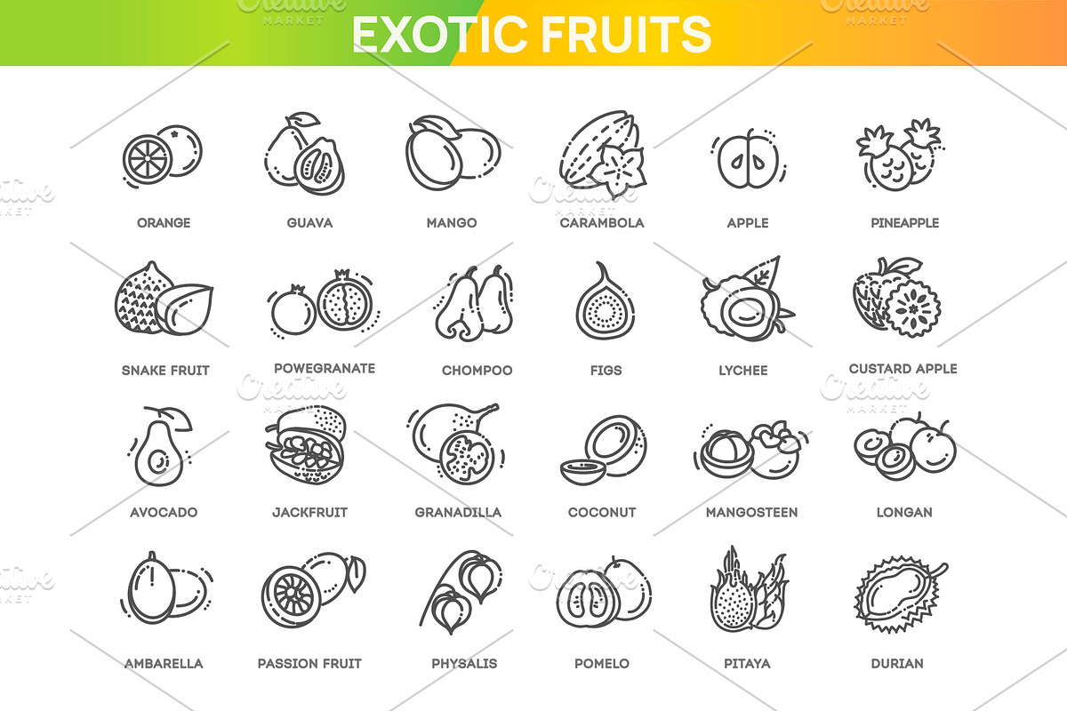 Fruits, Exotic Fruits icons, a Food Illustration by Tettygreen (Photo 1 of 3)