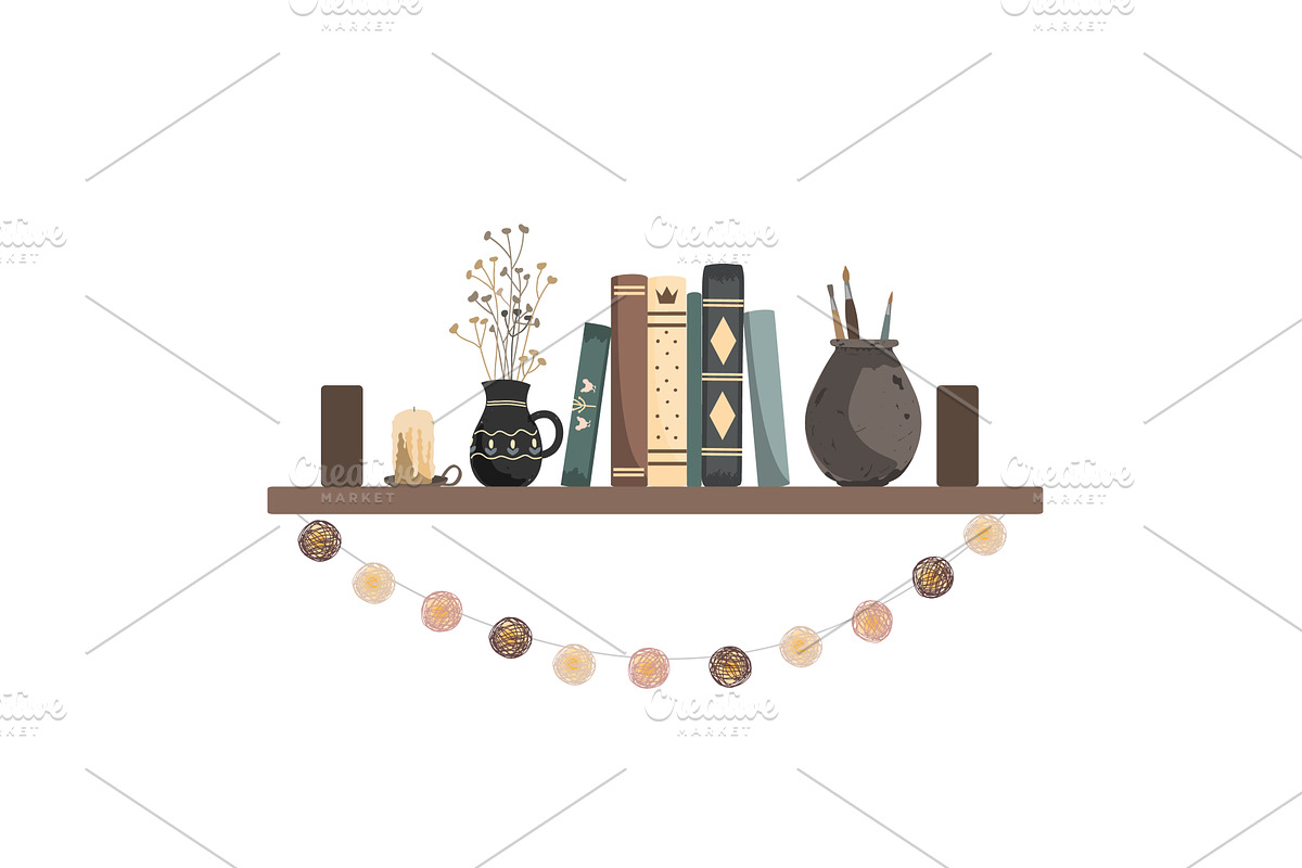 Book shelf with vintage books, jugs, an Object Illustration by Toltemara