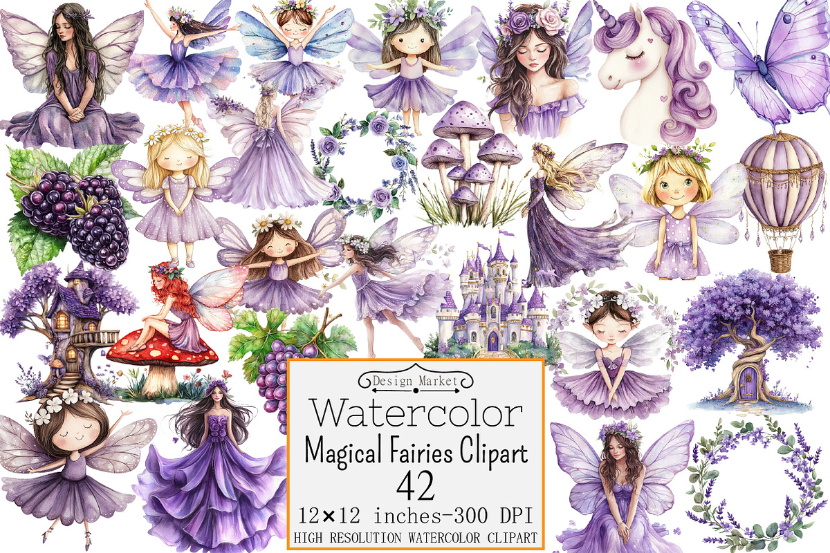 Watercolor Magical Fairies Clipart, a Seasonal Illustration by Design Market (Photo 1 of 4)