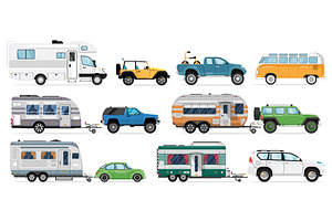 Camping car set. Travel car icons, a Transportation Illustration by studioworkstock