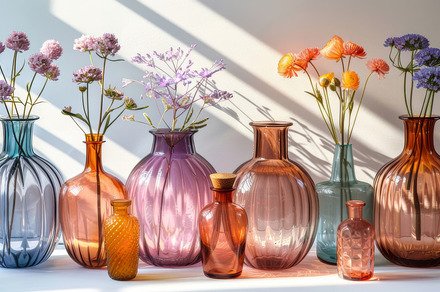 Colorful Glass Vases With Flowers on White Background in Natural Sunlight, a Photo by AS photostudio