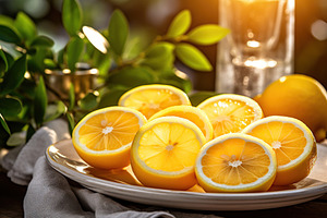 Fresh lemons with green leaves in plate, a Food & Drink Photo by AlyaAnd