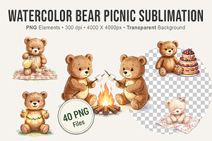 Watercolor Bear Picnic Sublimation, an Illustration by Artnoy
