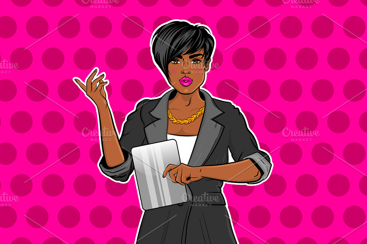 Black woman pop art working tablet, a Work Illustration by Kapitosh