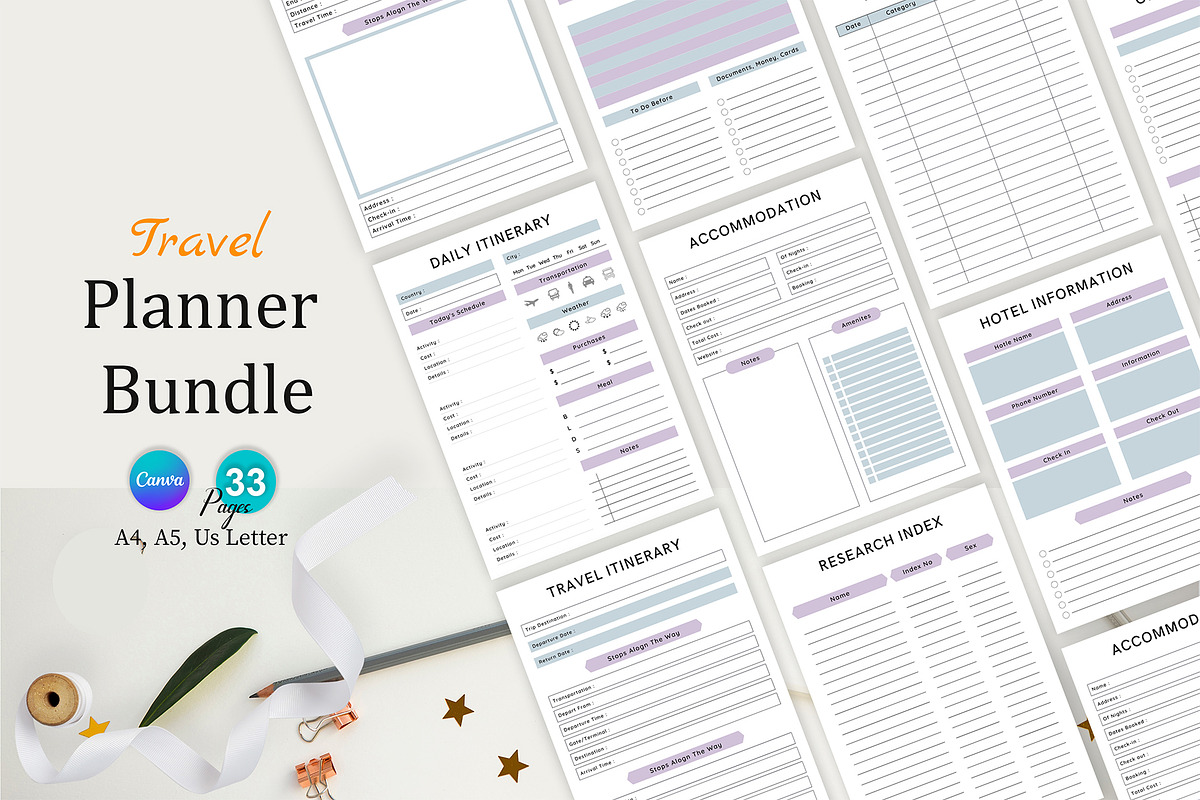 Canva Editable Travel Planner Bundle, a Stationery Template by Design Zone