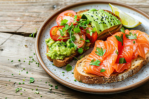 Toast bread with salted salmon and guacamole avocado in plate on wooden table, a Food & Drink Photo by AlyaAnd