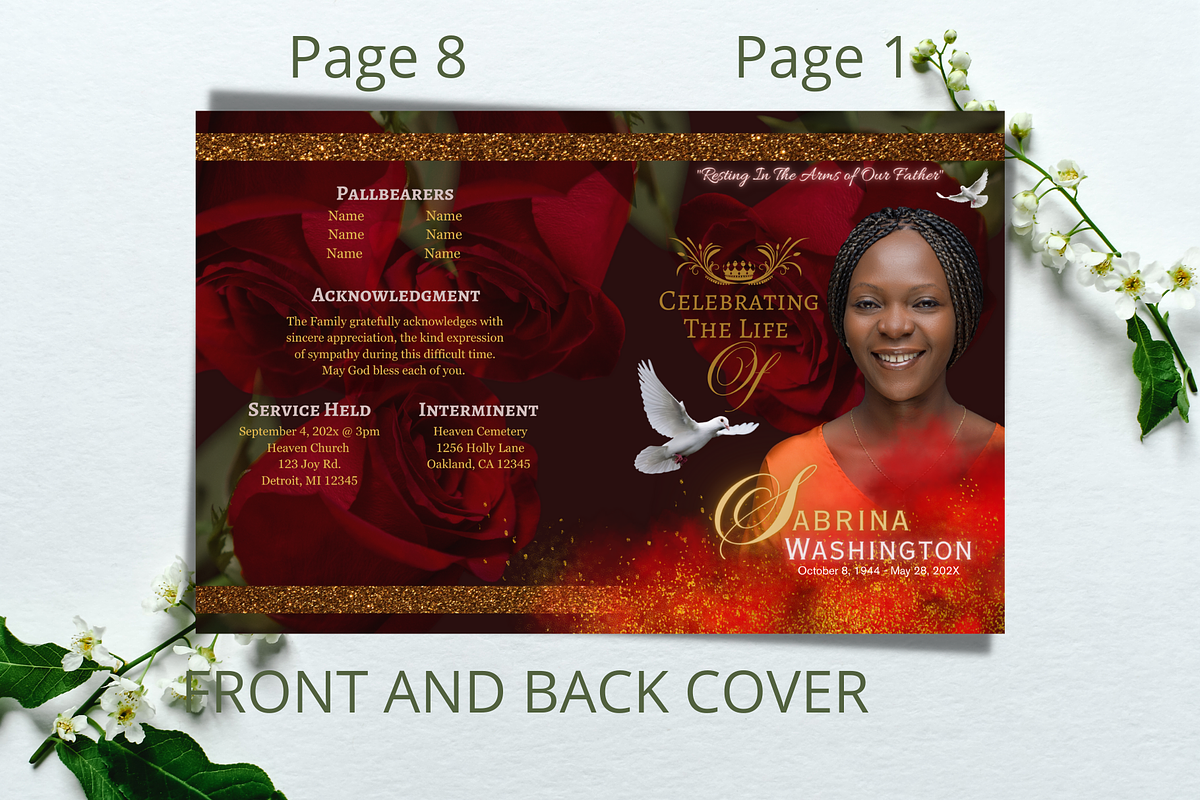 Red and Gold Roses Funeral Program, a Brochure Template by Feel Inspired Digitals (Photo 3 of 5)