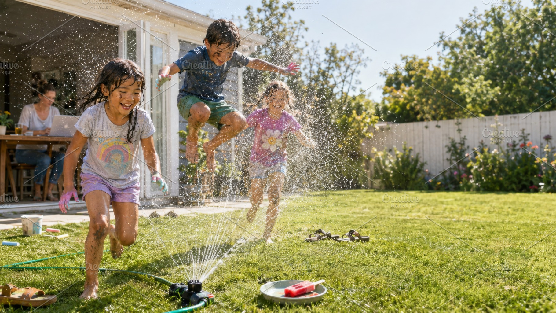 Children playing joyfully with backy, a Photo by Dvoevnore photos