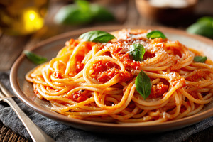 Delicious spaghetti with tomato sauce and basil, a Food & Drink Photo by AlyaAnd