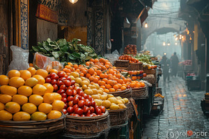 Vibrant fruit market bustling with a, a Photo by Tanuart