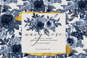 Navy Blue Watercolor Rose Clipart