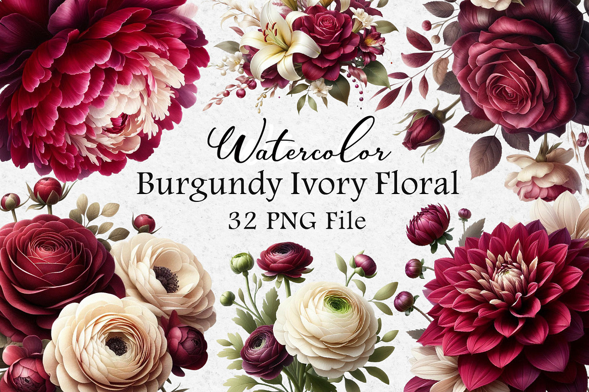 Burgundy & Ivory Floral Clipart, an Illustration by Dream Creation (Photo 1 of 7)