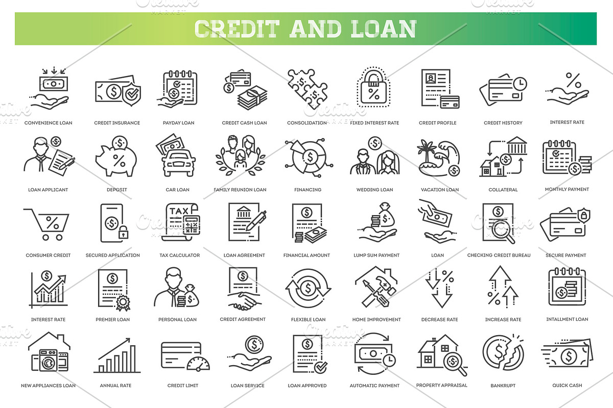 Personal Loan Line Icons set, an Object Illustration by Tettygreen (Photo 1 of 3)