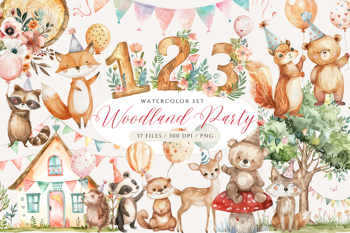 Woodland Party Watercolor Clipart, an Animal Illustration by ClipArtCharm (Photo 1 of 4)