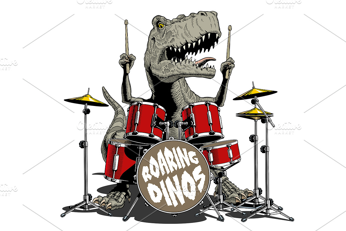 Dinosaur playing drums, vector, an Animal Illustration by Ledokolua