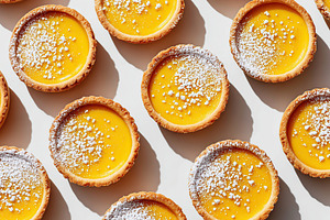 Delicious variety of custard tarts arranged neatly on a light background, a Photo by AlyaAnd