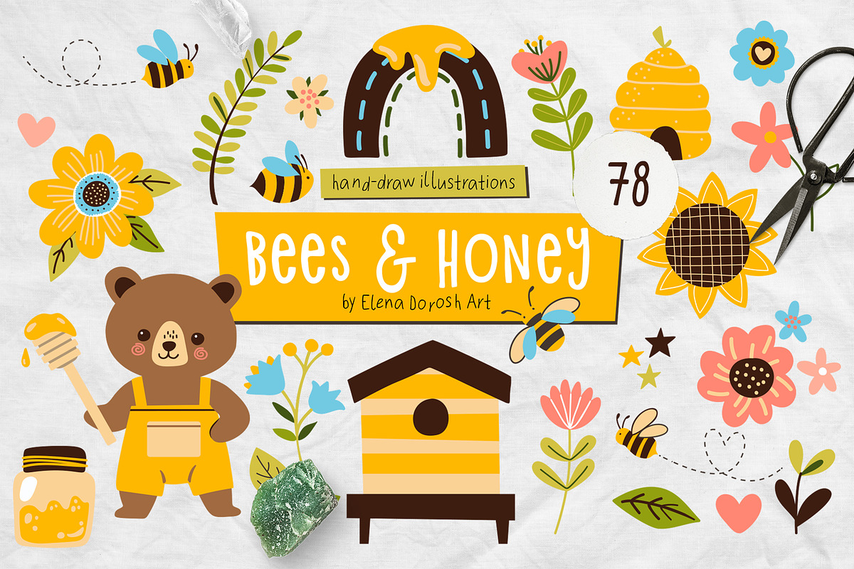 Bees, Honey Cartoon Vector Set, an Object Illustration by Elena Dorosh (Photo 1 of 14)