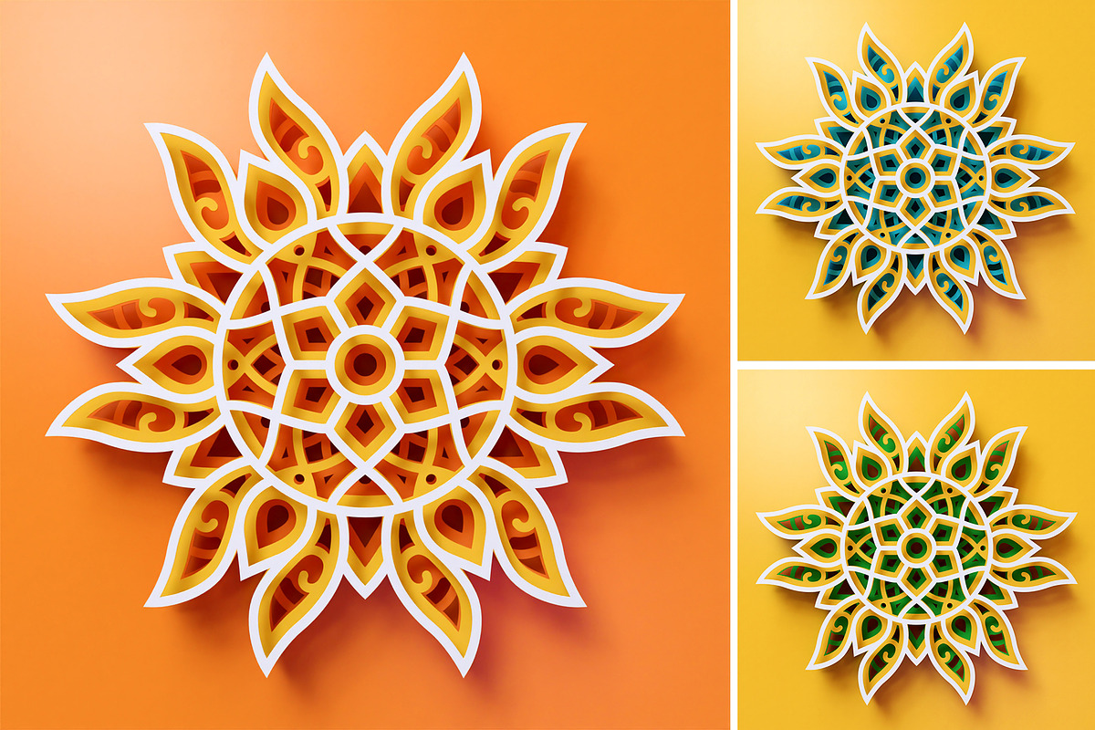 Sun Mandala 3D Layered SVG Cut File, an Illustration by pixaroma