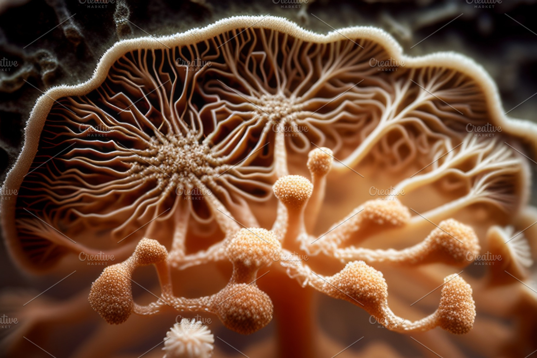 Natural fungus mycelium network texture closeup. Filaments of fu, a Photo by Dvoevnore photos