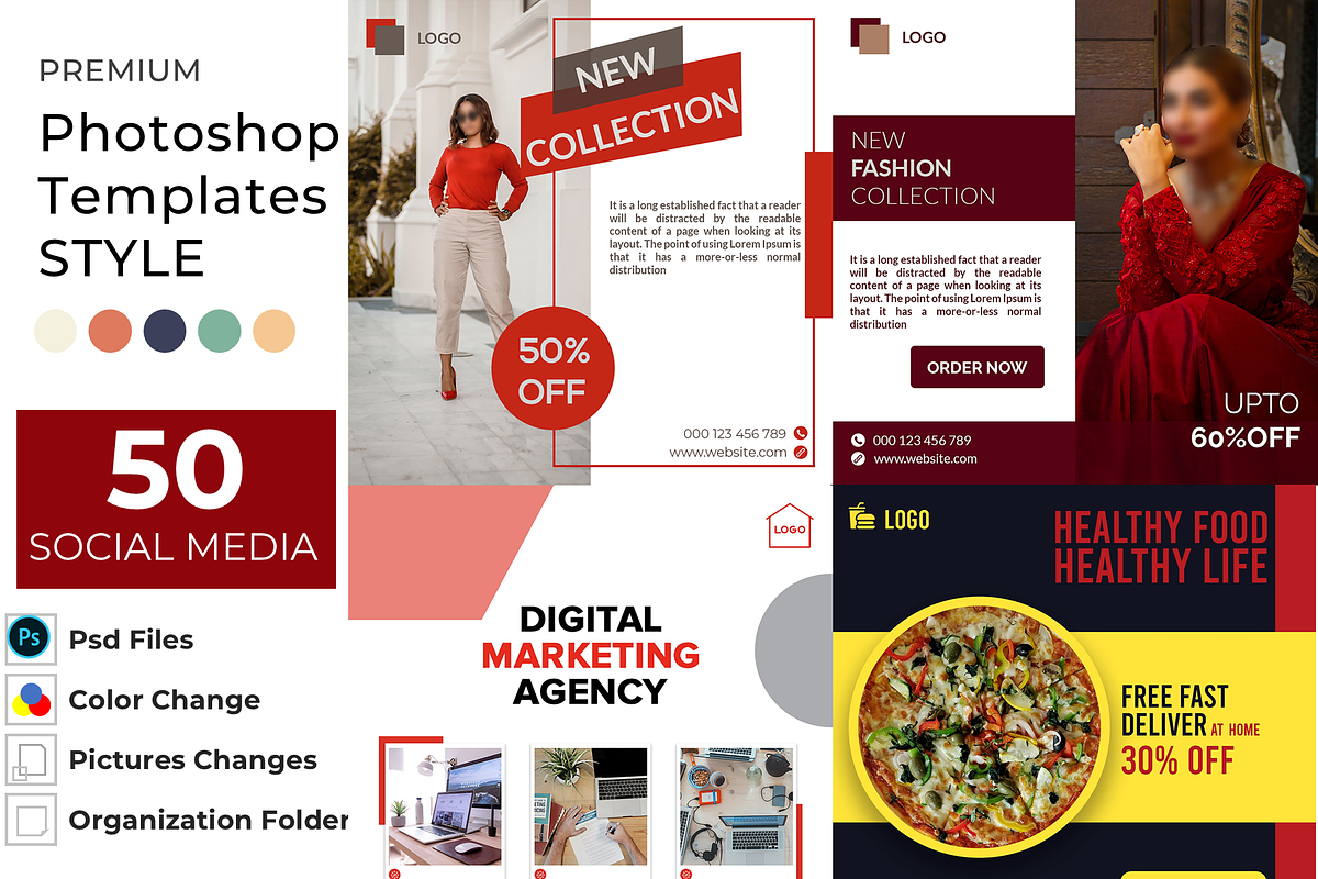 50 SOCIAL MEDIA TEMPLATES PHOTOSHOP, a Social Media Template by DigitAuras (Photo 1 of 3)