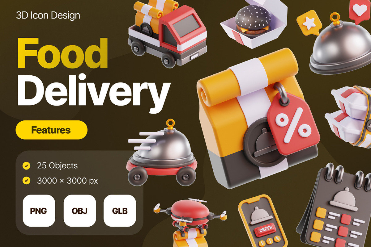 Food Delivery 3D Icons, an Object 3D Model by Rakata Studio (Photo 1 of 7)