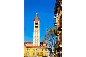 View of bell tower of basilica of san zeno in verona containing italy, an Architecture Photo by Leonid Andronov