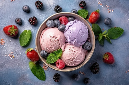 Sweet ice cream balls with berries in bowl. Generative AI, a Food & Drink Photo by AlyaAnd