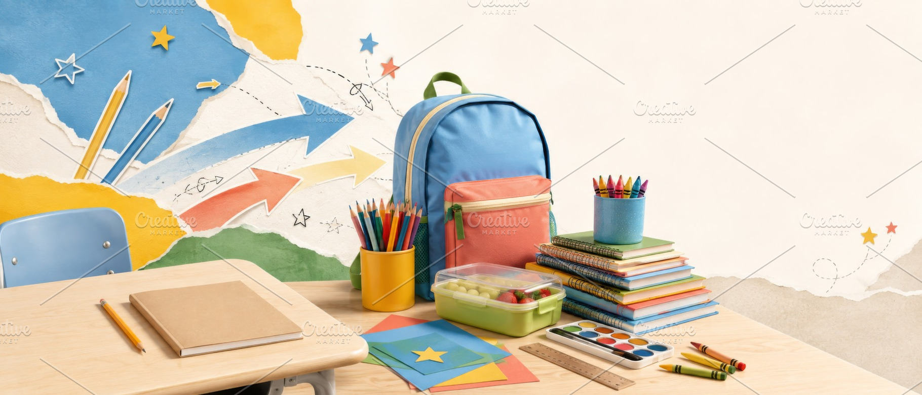 Back to school supplies with backpac, a Photo by Dvoevnore photos