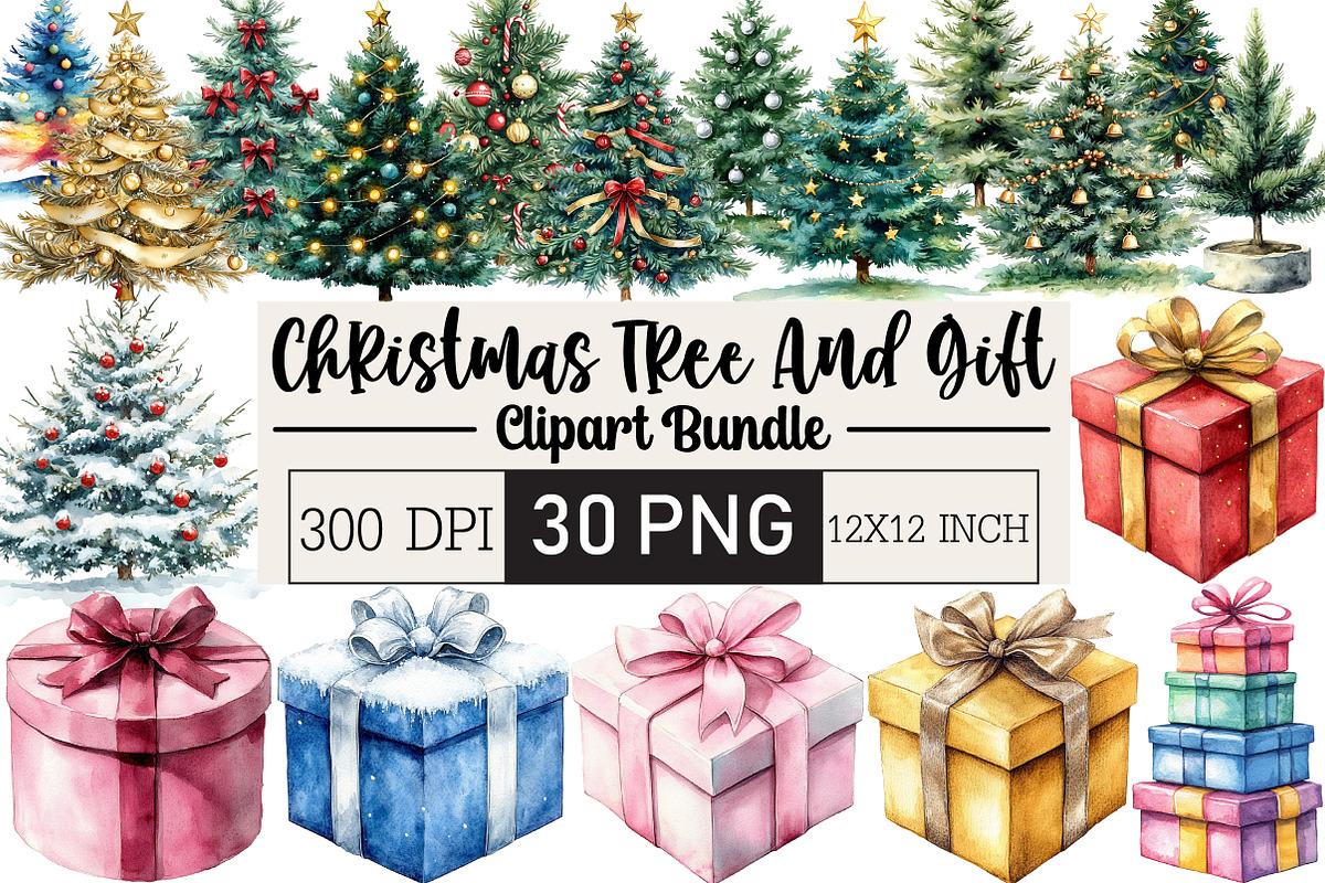 Christmas Tree And Gift Watercolor, an Illustration by Black Bird Studio (Photo 1 of 6)