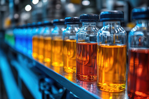 Bottles of vibrant liquids displayed, a Photo by Tanuart