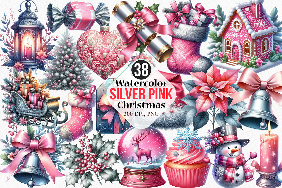 Silver Pink Christmas Clipart, an Illustration by Canvas Craft (Photo 1 of 7)