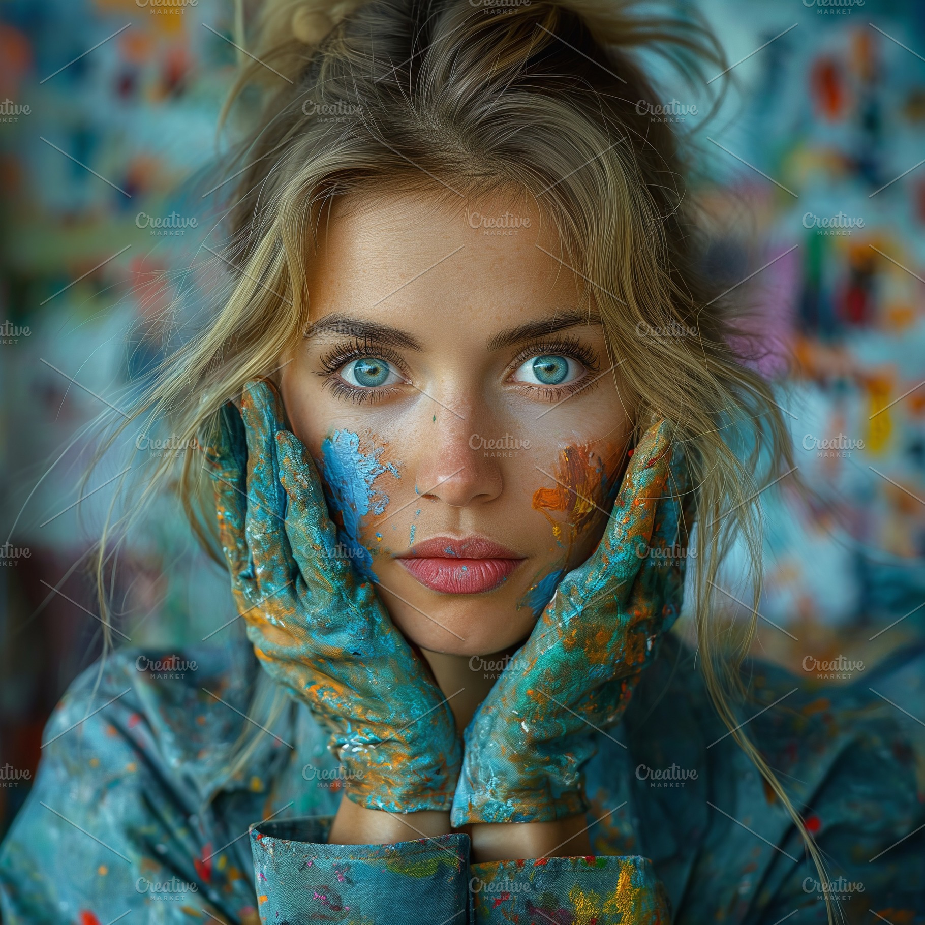 A young Caucasian woman with striking blue eyes holds her paint-covered hands t, a Person Photo by ImageMir
