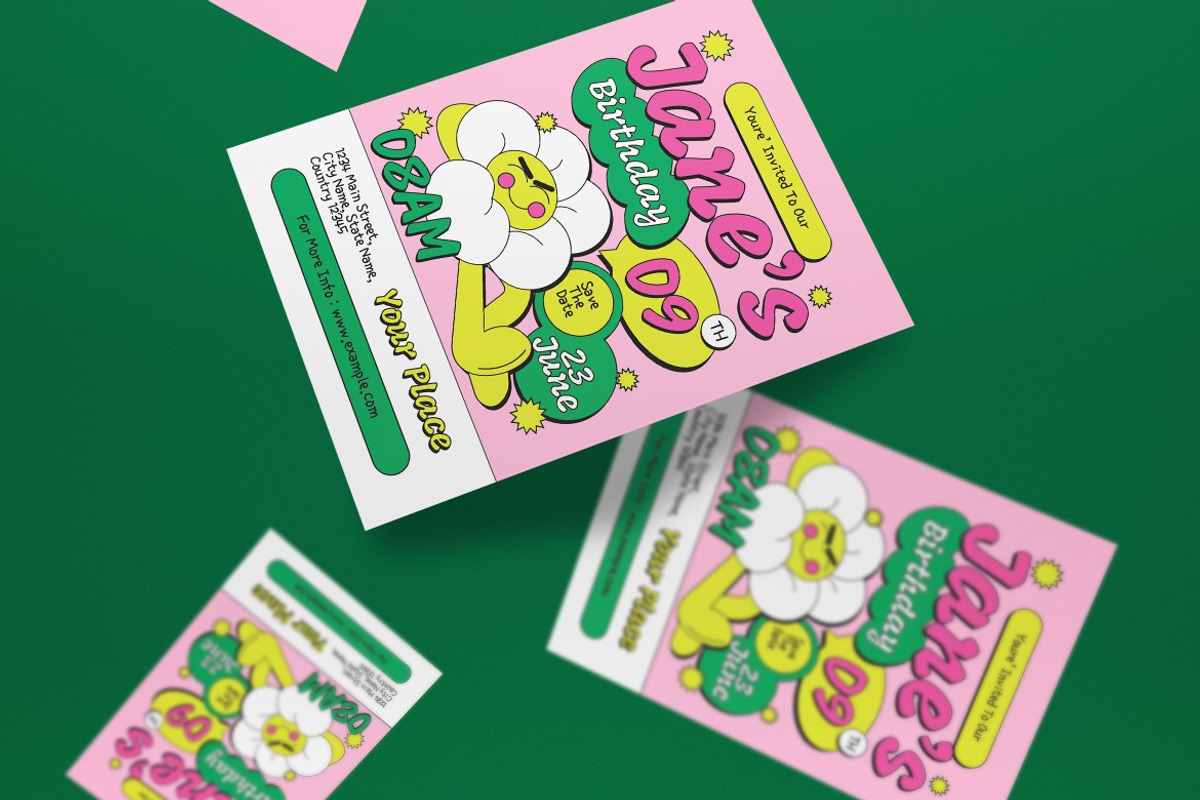 Green Pink Kids Birthday Invitation, an Invitation Template by graphicook (Photo 2 of 3)