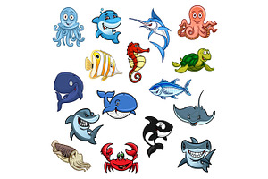 Sea And Ocean Animals, Fish Cartoon Icons