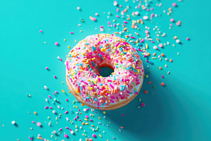 Colorful donut with sprinkles on turquoise background, a Food & Drink Photo by AlyaAnd
