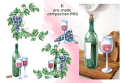 Wine and Grapes,watercolor clip art, a Food Illustration by SvetLana (Thumbnail 4 of 16)