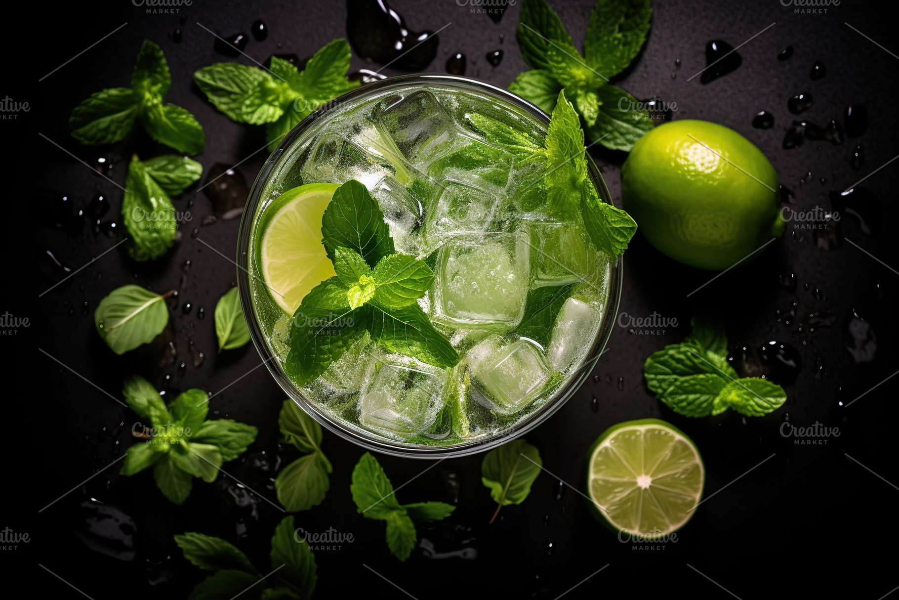 Flat lay of alcoholic mojito with ice and mint on black background, a Food & Drink Photo by AlyaAnd
