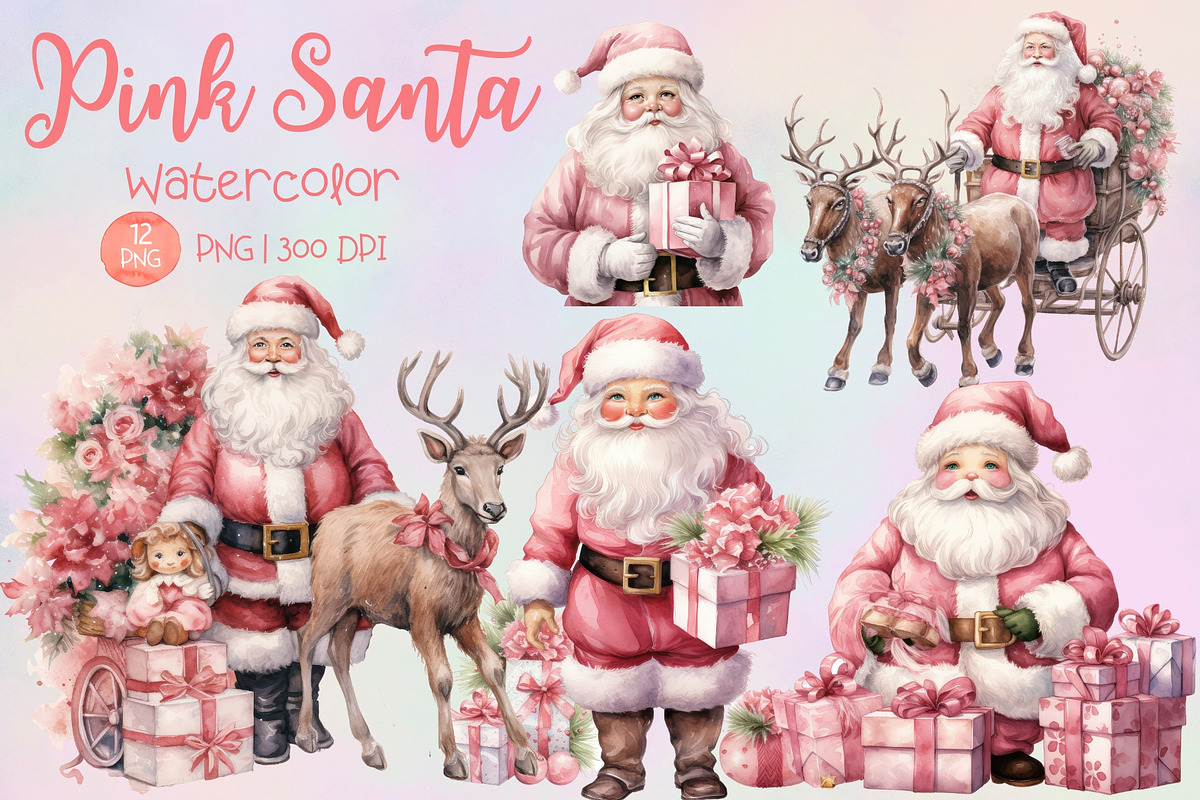 Pink Santa Watercolor Clipart Set, a Seasonal Illustration by Maysa Art (Photo 1 of 6)