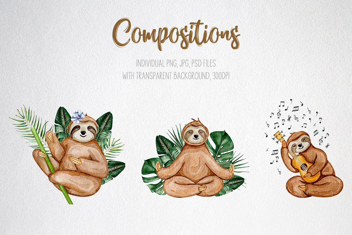 Cute Sloths - watercolor set, an Animal Illustration by CrystalinaShop (Photo 3 of 4)