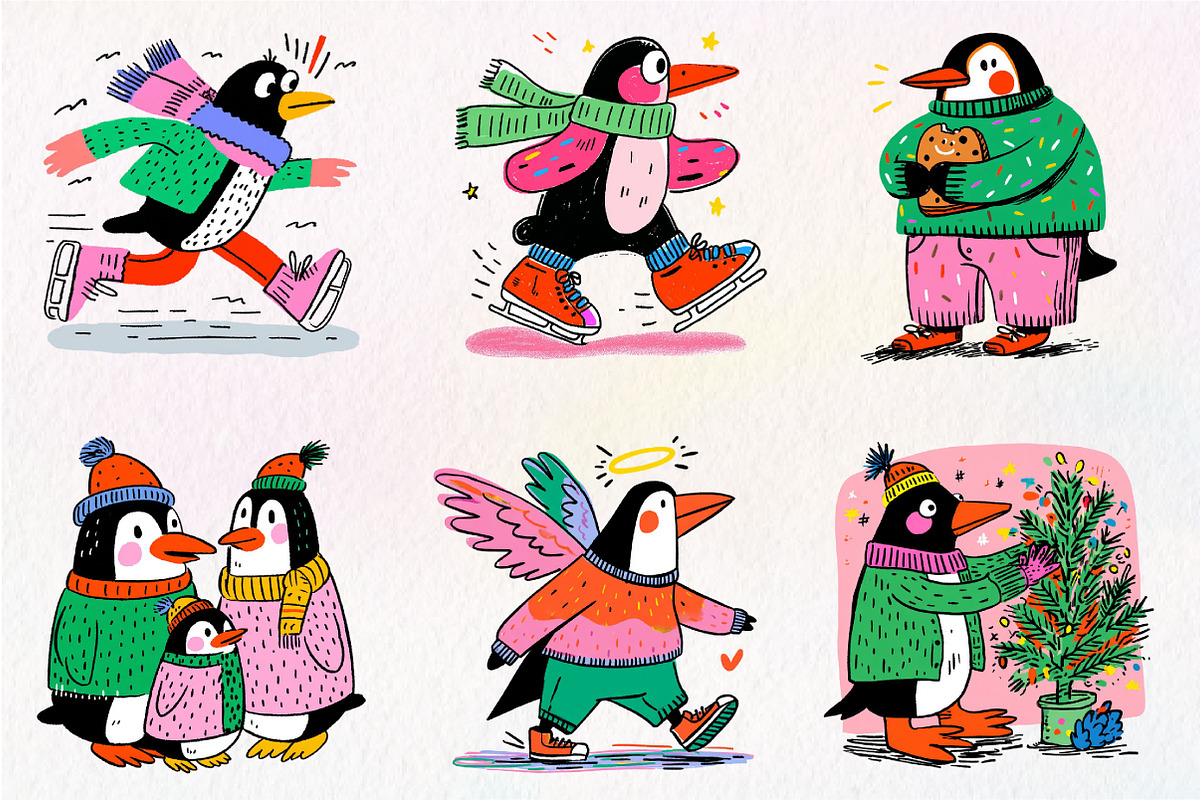 Hand-Drawn Christmas Penguin Clipart, an Illustration by Dream Creation (Photo 3 of 7)