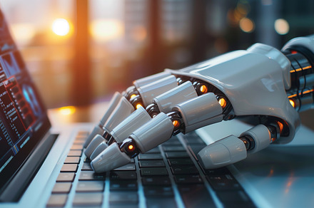 Humanoid robot hand using laptop, a Technology Photo by MistyDay