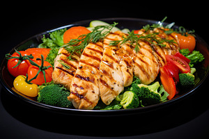Chicken marinated fillet meat with vegetables on black background, a Food & Drink Photo by AlyaAnd