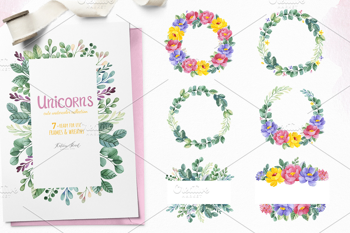 Unicorns.Cute watercolor collection, an Animal Illustration by Kate_Rina (Photo 5 of 16)