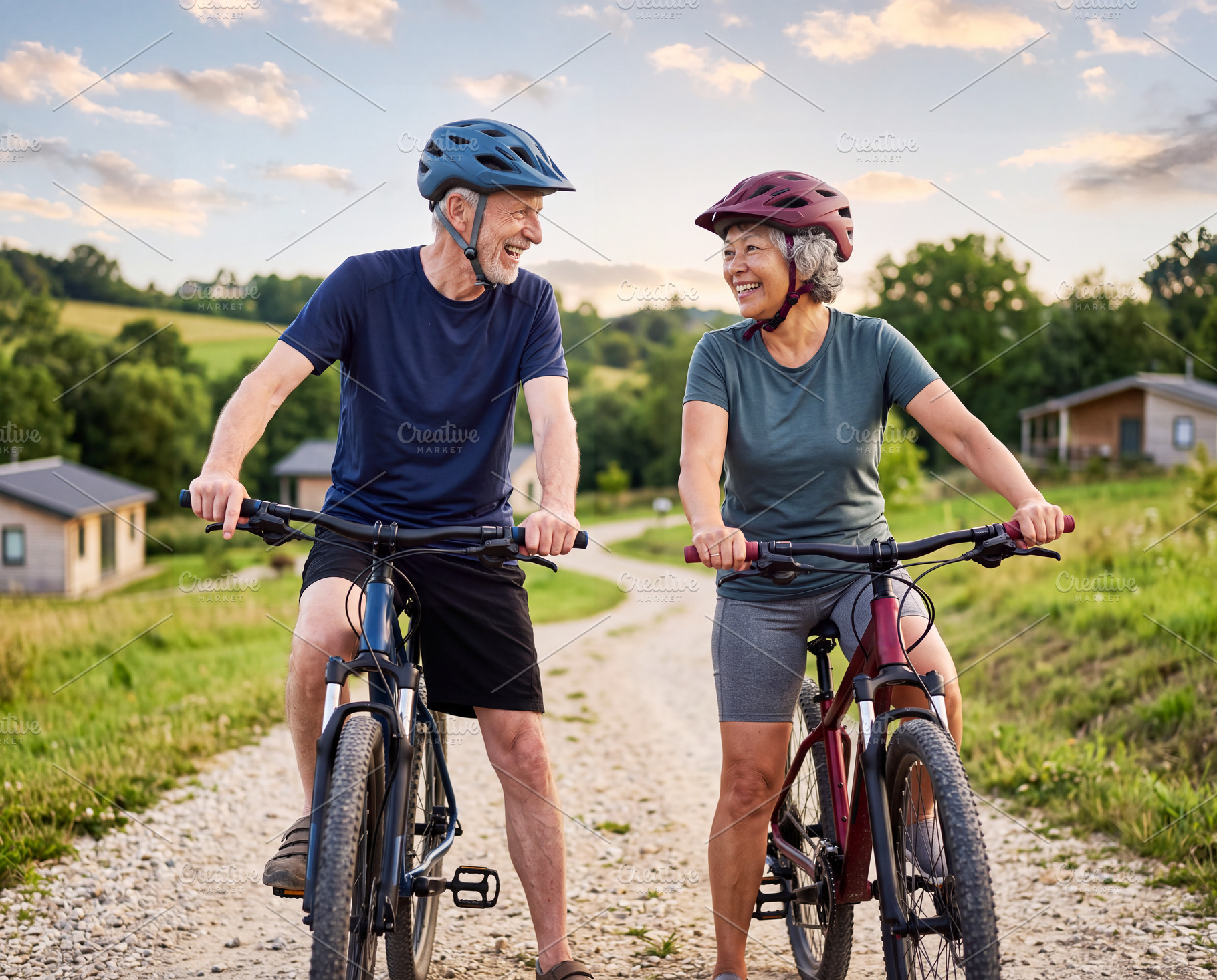 Happy senior caucasian man and asian woman riding bikes on rural, a Sports & Recreation Photo by Volff