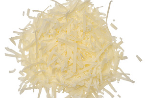 A handful of grated light-colored hard cheese piled up on an iso, a Food & Drink Photo by ndanko