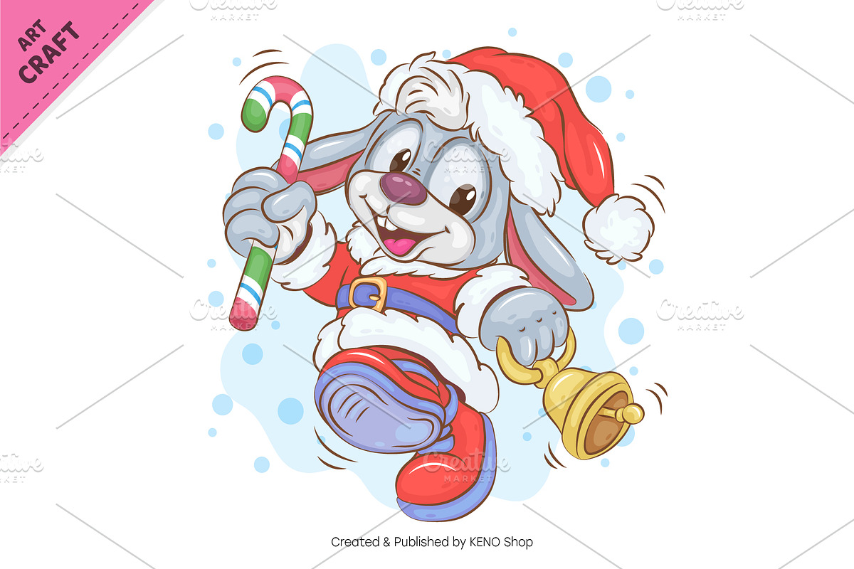 Christmas Bunny with a Bell. Clipart, an Animal Illustration by KENO Mascots (Photo 2 of 3)