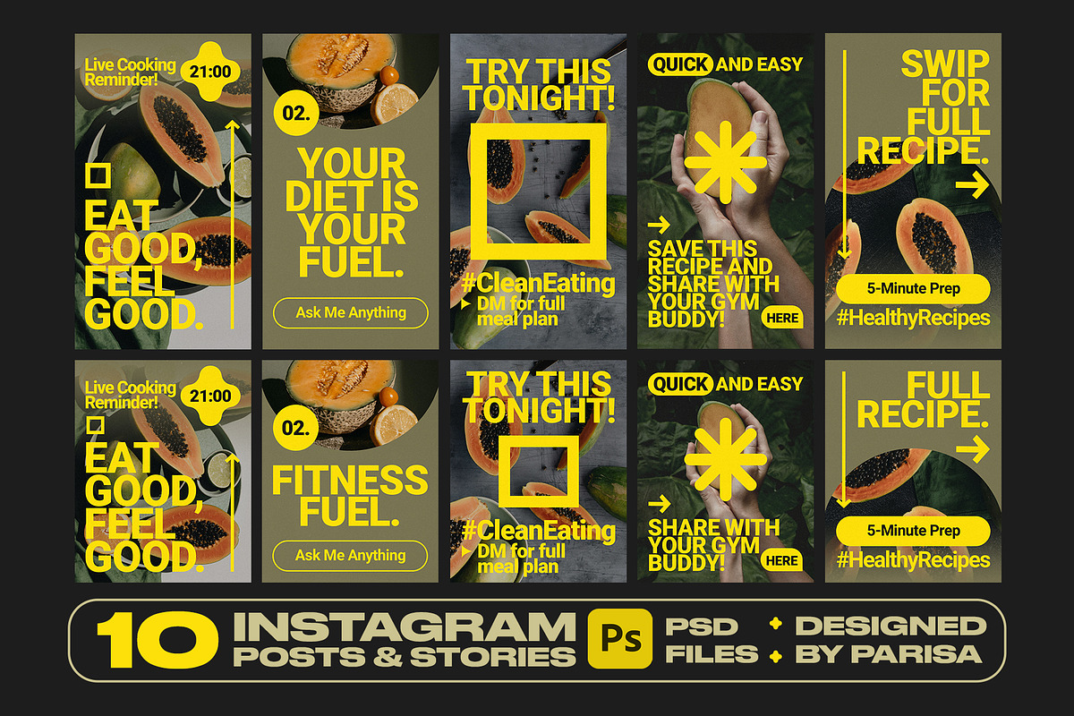 10 Healthy Food Instagram Posts & St, a Social Media Template by Parisa-Artstudio (Photo 1 of 2)